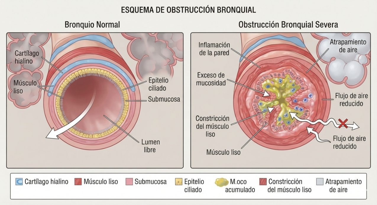 Esquema de un bronquio normal comparado con una obstrucción bronquial severa