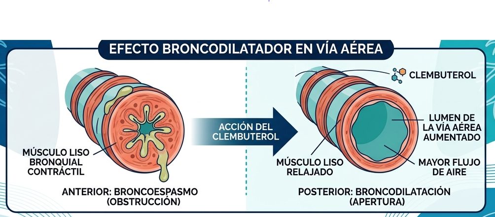 Esquema del efecto broncodilatador del clembuterol en la vía aérea